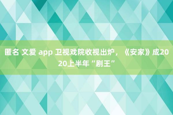 匿名 文爱 app 卫视戏院收视出炉，《安家》成2020上半年“剧王”